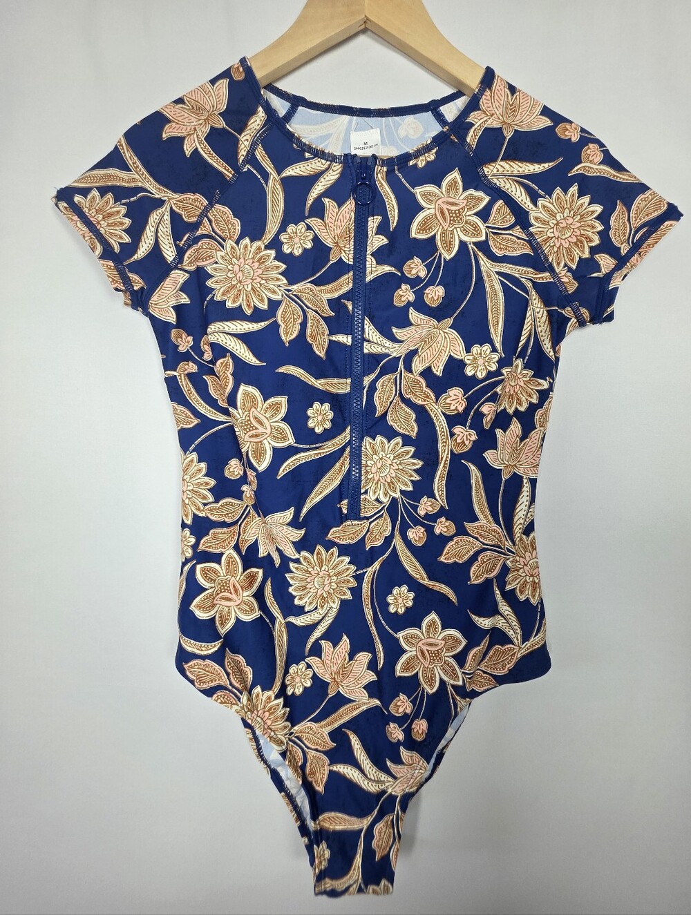 Cupshe One Piece Swimsuit M Blue Floral Zip Front Short Sleeve NWT
